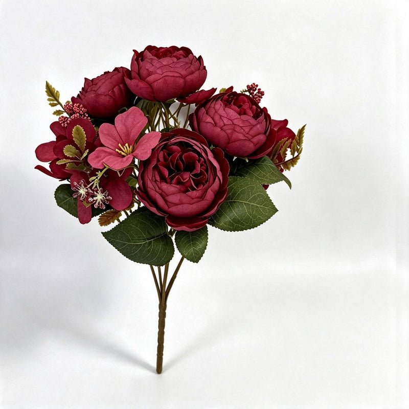 Artificial Peony Bush with 6 Blooms, Indoor Decorative Floral Arrangement for Weddings, Home Decor, 12" Tall