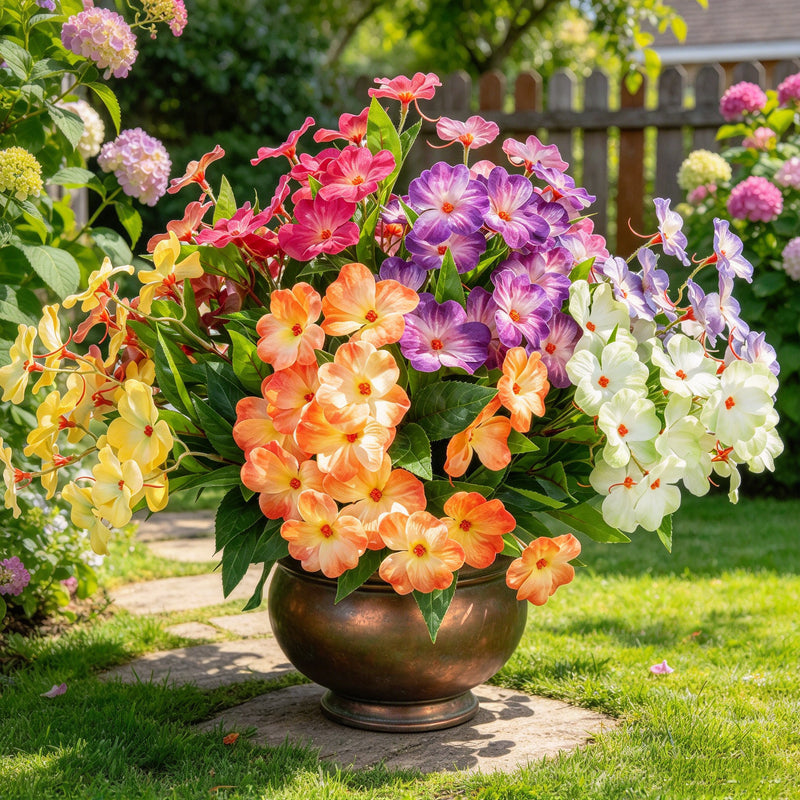 Artificial Impatiens Bouquet with 14 Blooms, Silk-Like Fabric, 16" Height, UV-Resistant for Indoor & Outdoor Use