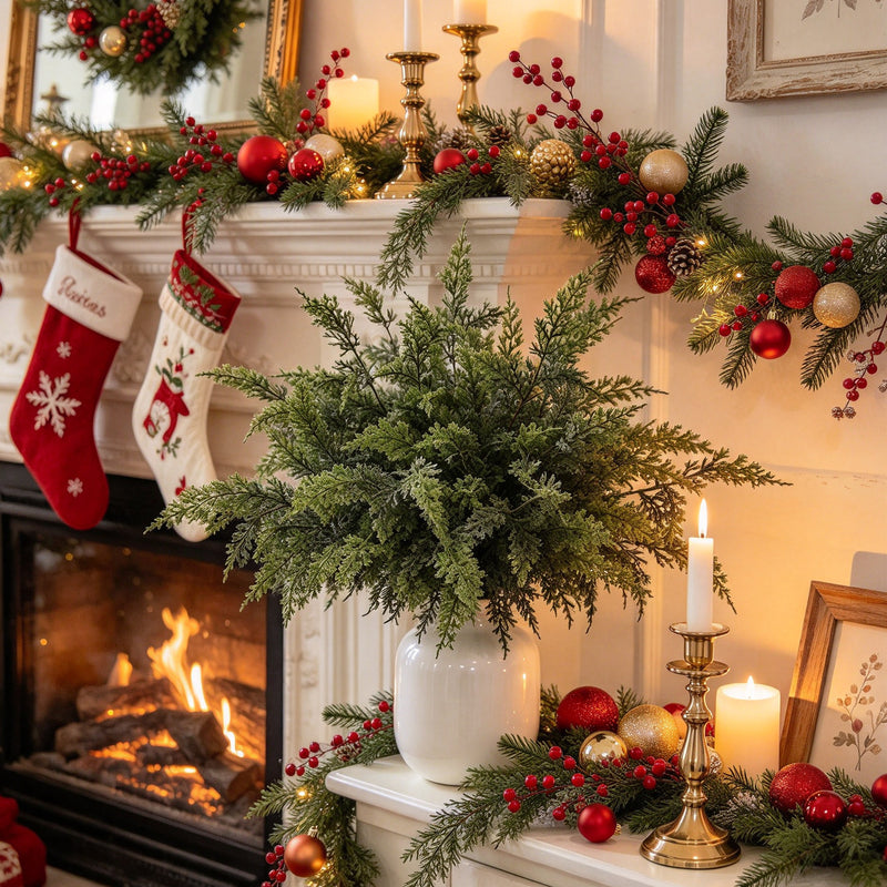 Set of 16 Artificial Cedar Stems, 13" Long, Realistic Plastic Greenery for DIY Decor, Holidays, and Home Arrangements