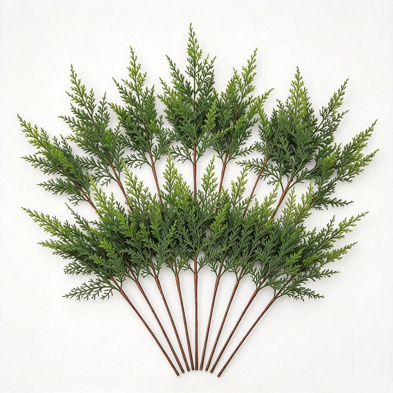 Set of 16 Artificial Cedar Stems, 13" Long, Realistic Plastic Greenery for DIY Decor, Holidays, and Home Arrangements