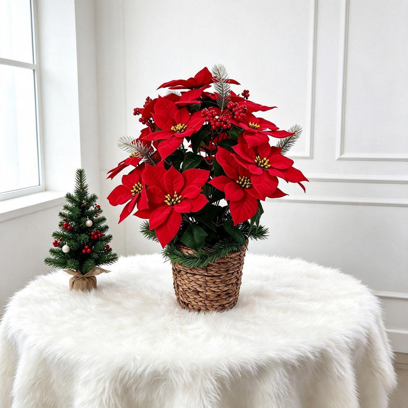 Artificial Poinsettia Bouquet with 24 Blooms, Silk-Like Fabric, 23 Inches, Perfect for Holidays, Weddings, and Home Decor