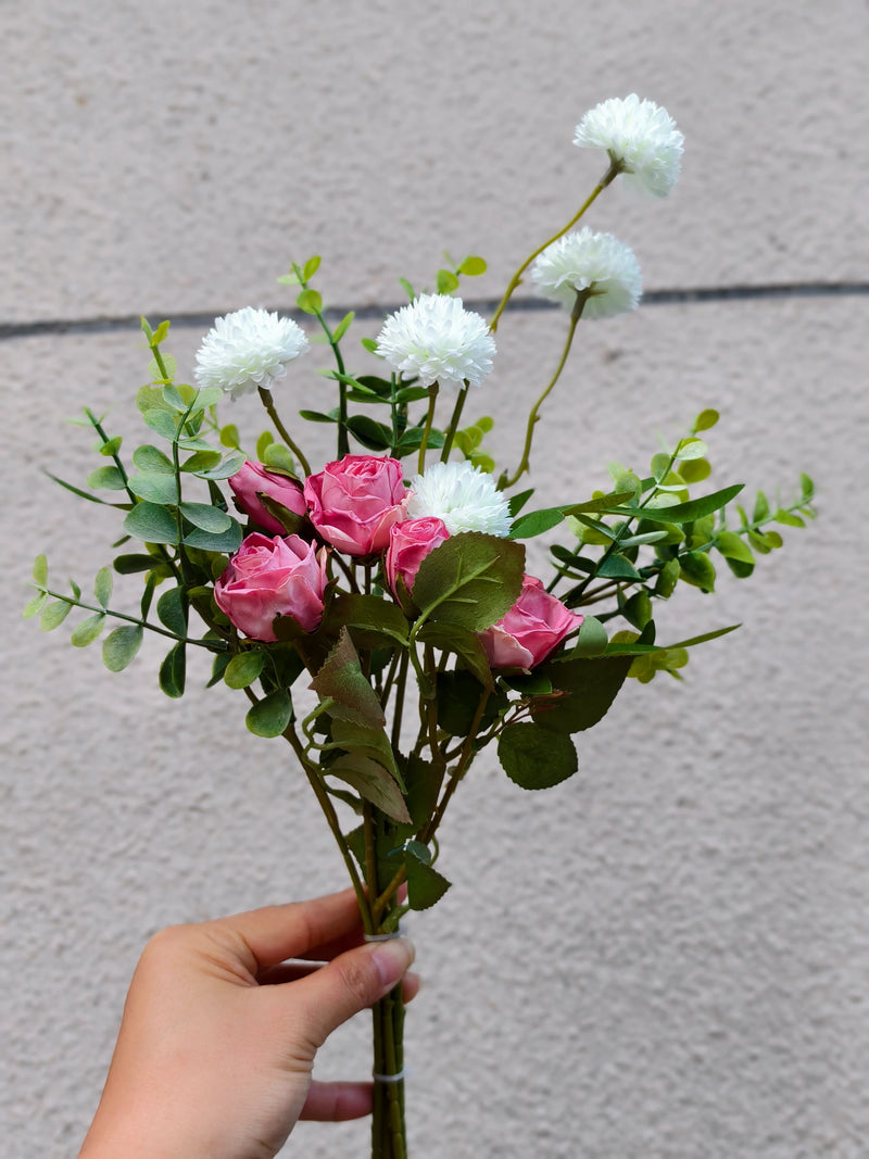 Eucalyptus, Spray Rose, and Chrysanthemum Bouquet, 42cm, Silk-Like Fabric, Perfect for Weddings and Home Decor