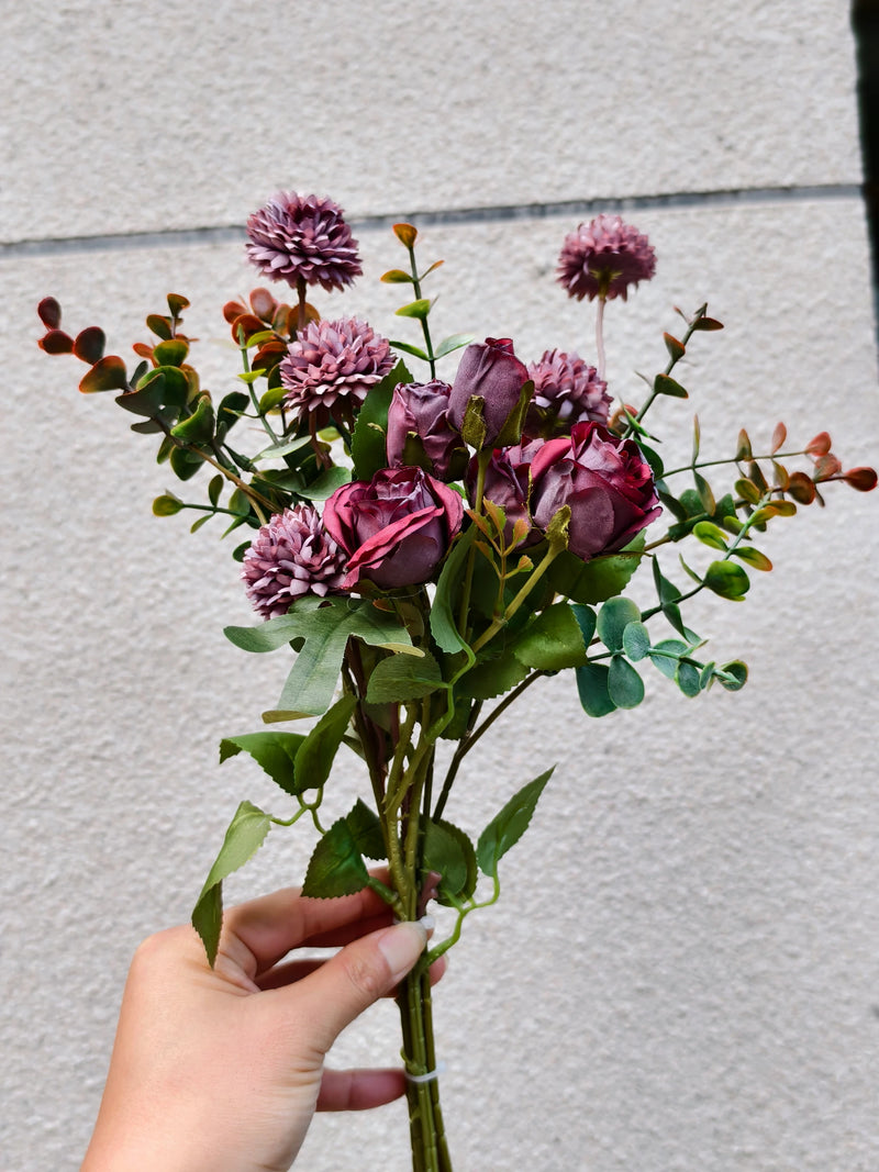 Eucalyptus, Spray Rose, and Chrysanthemum Bouquet, 42cm, Silk-Like Fabric, Perfect for Weddings and Home Decor