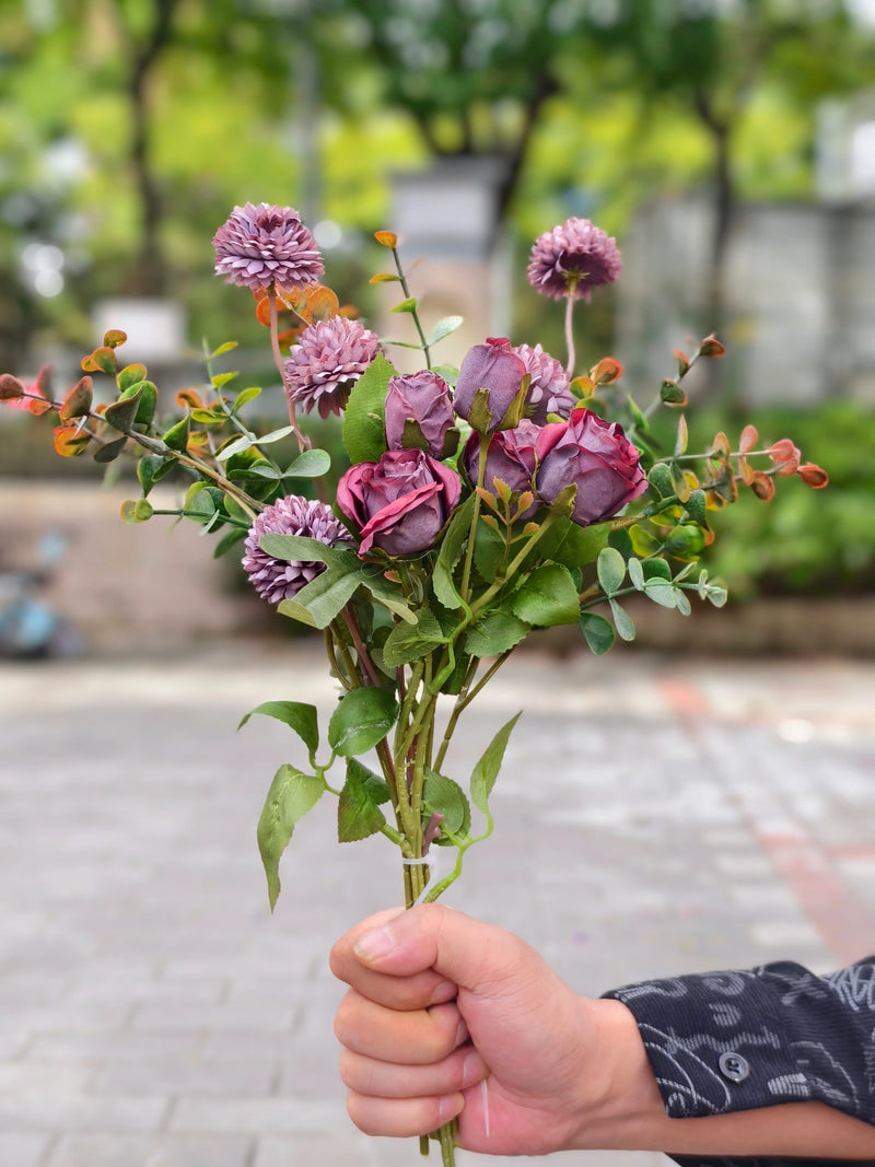 Eucalyptus, Spray Rose, and Chrysanthemum Bouquet, 42cm, Silk-Like Fabric, Perfect for Weddings and Home Decor