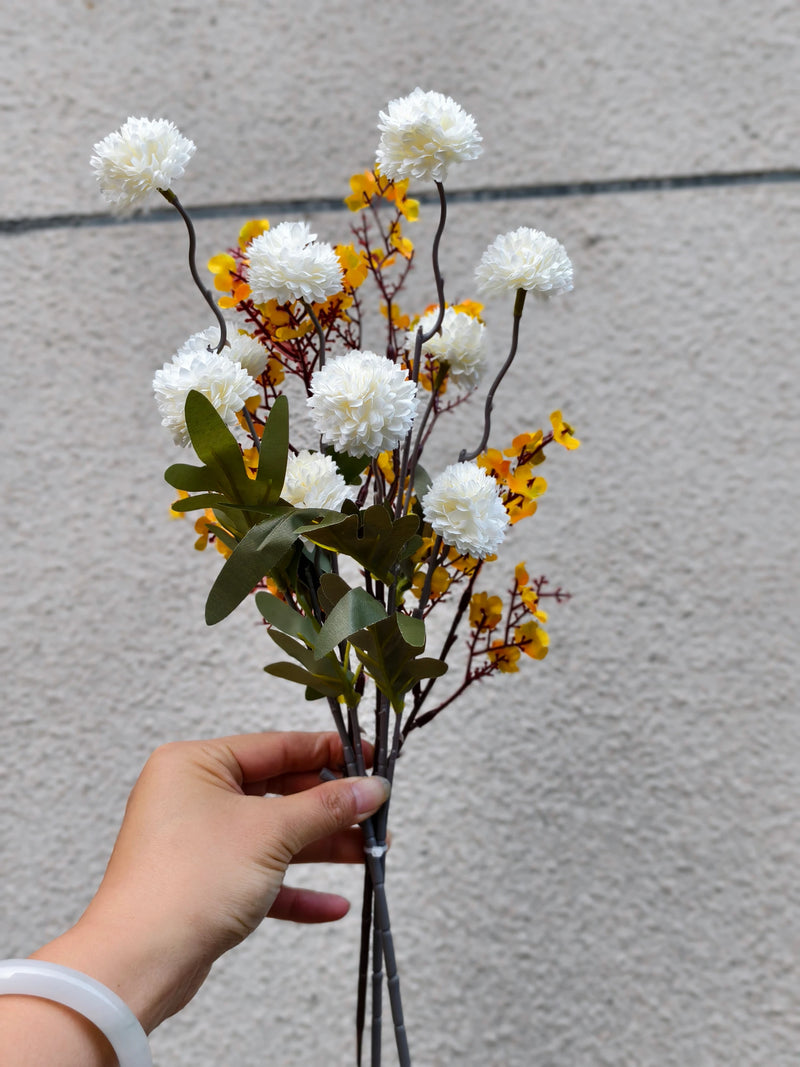 Artificial Baby’s Breath and Daisy Pom Bouquet, 10-Bloom Hand-Tied Arrangement, 17" Tall, Silk-Like Fabric, Perfect for Home Decor, Weddings, and Events