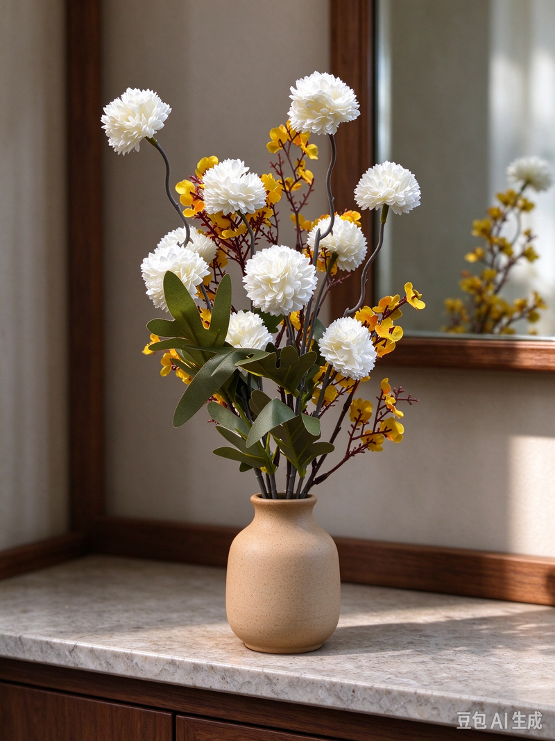 Artificial Baby’s Breath and Daisy Pom Bouquet, 10-Bloom Hand-Tied Arrangement, 17" Tall, Silk-Like Fabric, Perfect for Home Decor, Weddings, and Events