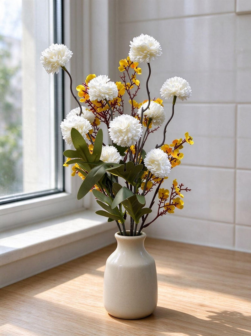 Artificial Baby’s Breath and Daisy Pom Bouquet, 10-Bloom Hand-Tied Arrangement, 17" Tall, Silk-Like Fabric, Perfect for Home Decor, Weddings, and Events