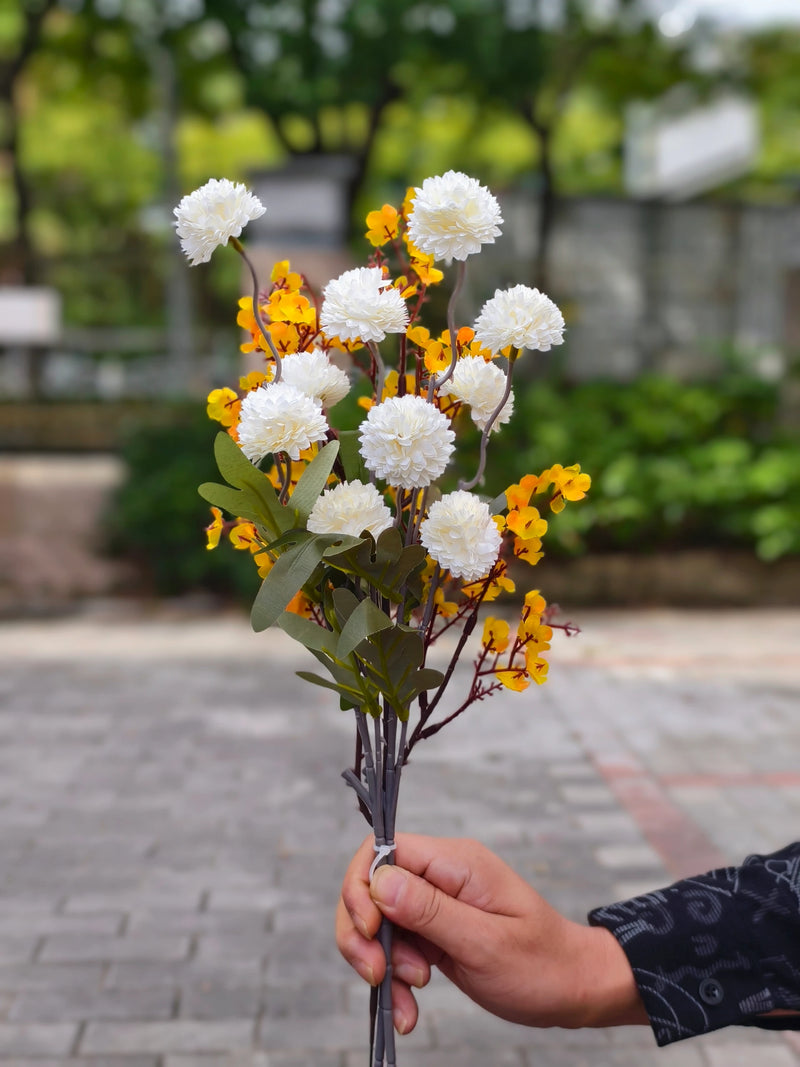 Artificial Baby’s Breath and Daisy Pom Bouquet, 10-Bloom Hand-Tied Arrangement, 17" Tall, Silk-Like Fabric, Perfect for Home Decor, Weddings, and Events