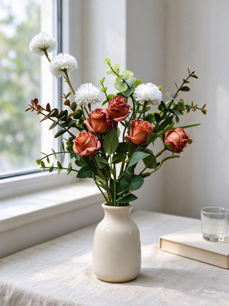 Eucalyptus, Spray Rose, and Chrysanthemum Bouquet, 42cm, Silk-Like Fabric, Perfect for Weddings and Home Decor