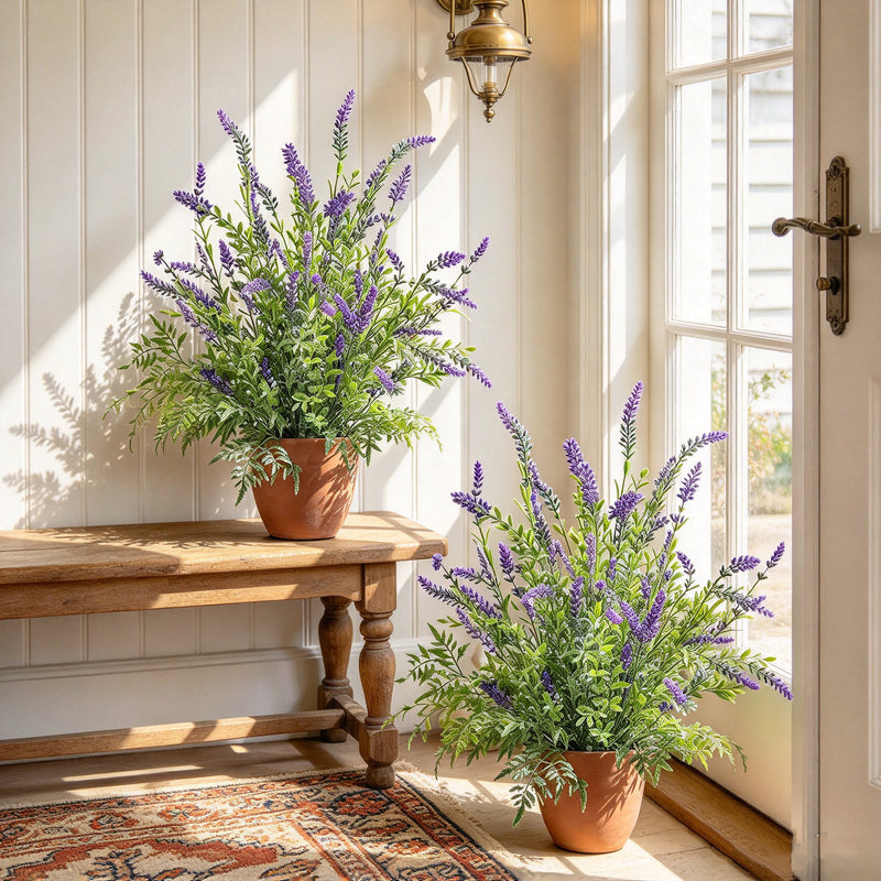2 Pack Artificial Lavender Plants in Terracotta Pots Artificial Potted Plants for Indoor Porch Patio Greenery Farmhouse Garden Office Decor