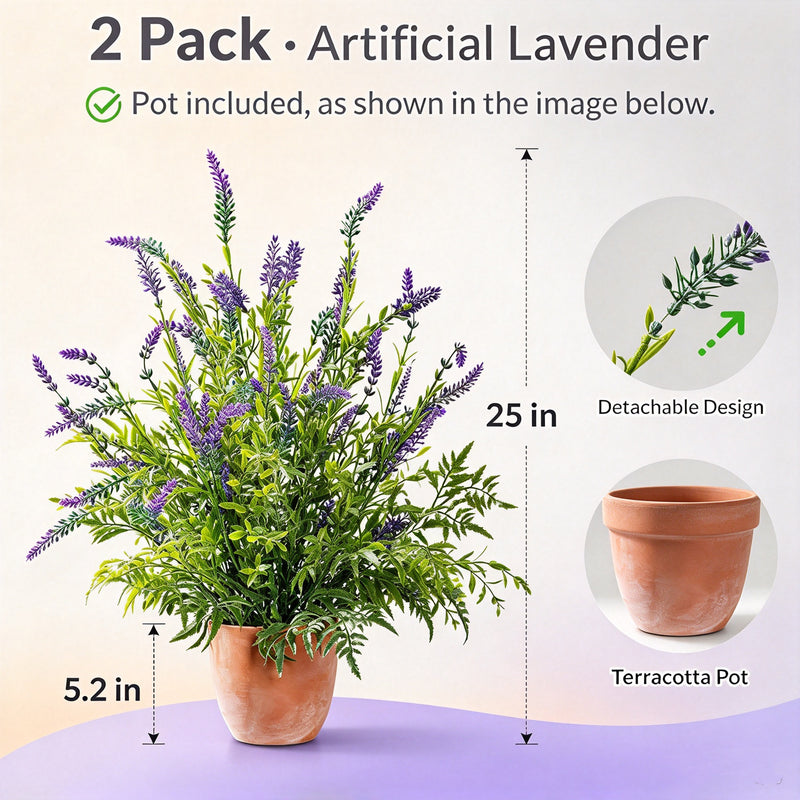 2 Pack Artificial Lavender Plants in Terracotta Pots Artificial Potted Plants for Indoor Porch Patio Greenery Farmhouse Garden Office Decor