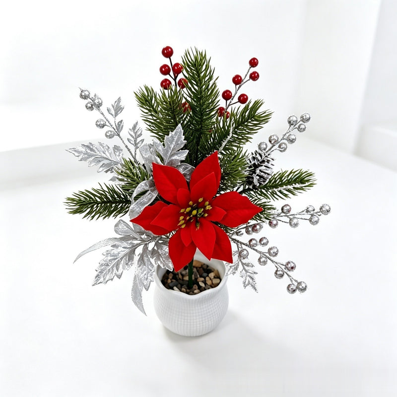 Set of 2 Artificial Poinsettia Bush Picks, 14" Christmas Floral Stems for Holiday Decor, Wedding Centerpieces and Home Styling