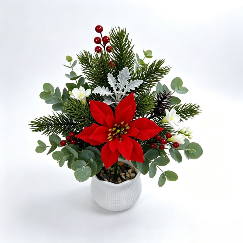 Set of 2 Artificial Poinsettia Bush Picks, 14" Christmas Floral Stems for Holiday Decor, Wedding Centerpieces and Home Styling