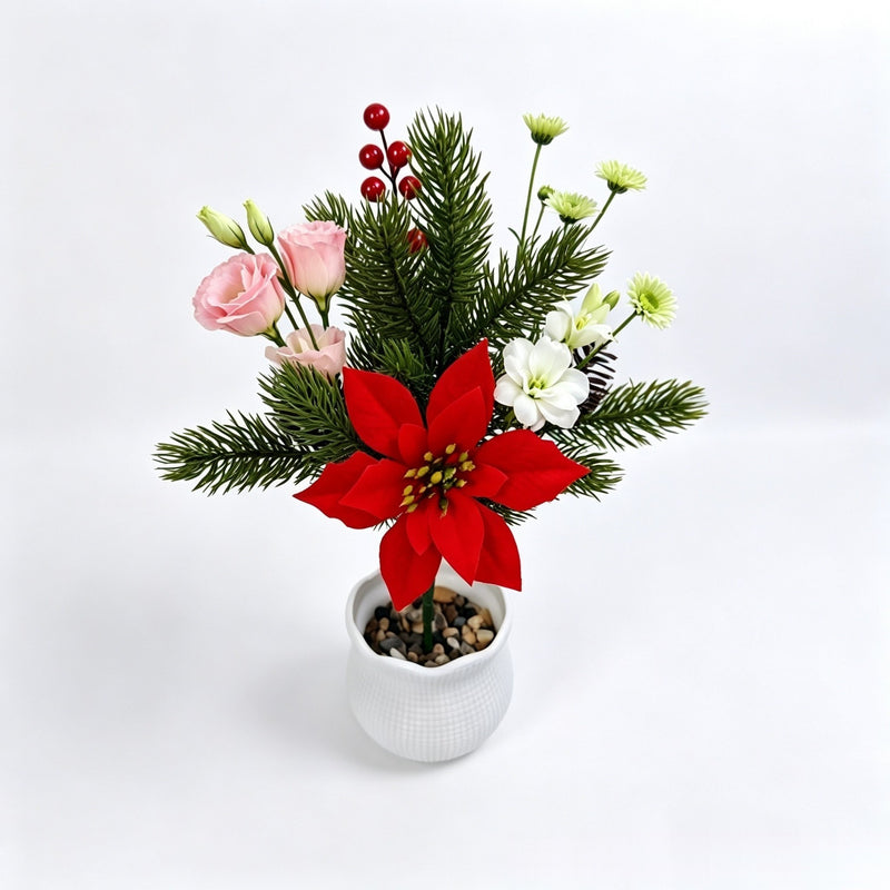 Set of 2 Artificial Poinsettia Bush Picks, 14" Christmas Floral Stems for Holiday Decor, Wedding Centerpieces and Home Styling