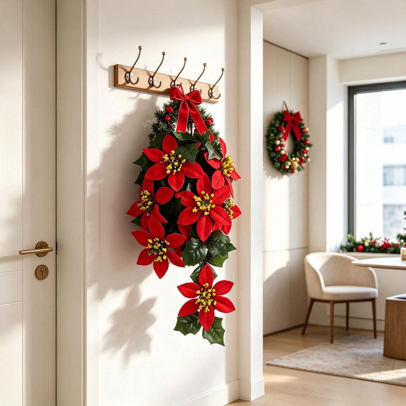 Artificial Poinsettia Garland Vine, 16" Hanging Christmas Decor with 11 Blooms, Bendable Stems for Holiday, Wedding & Home Decor