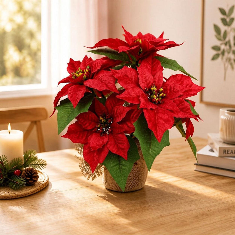 17" Artificial Poinsettia Bush with Planter, Lifelike Holiday Decor for Home, Office & Events