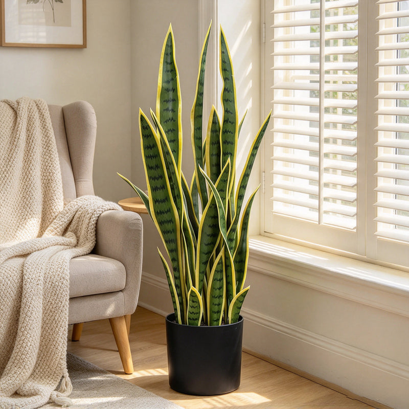 28" Artificial Snake Plant Potted, Realistic Faux Sansevieria with Plastic Pot for Home Office Decor, Indoor Outdoor Use