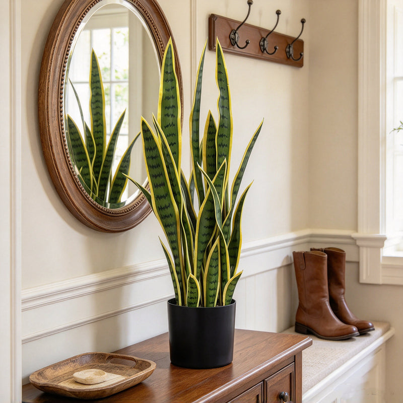 28" Artificial Snake Plant Potted, Realistic Faux Sansevieria with Plastic Pot for Home Office Decor, Indoor Outdoor Use