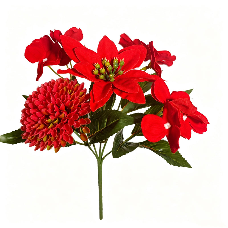 10" Poinsettia Bush with 5 Blooms, Christmas Faux Flowers for Holiday Decor, Silk-Like Fabric