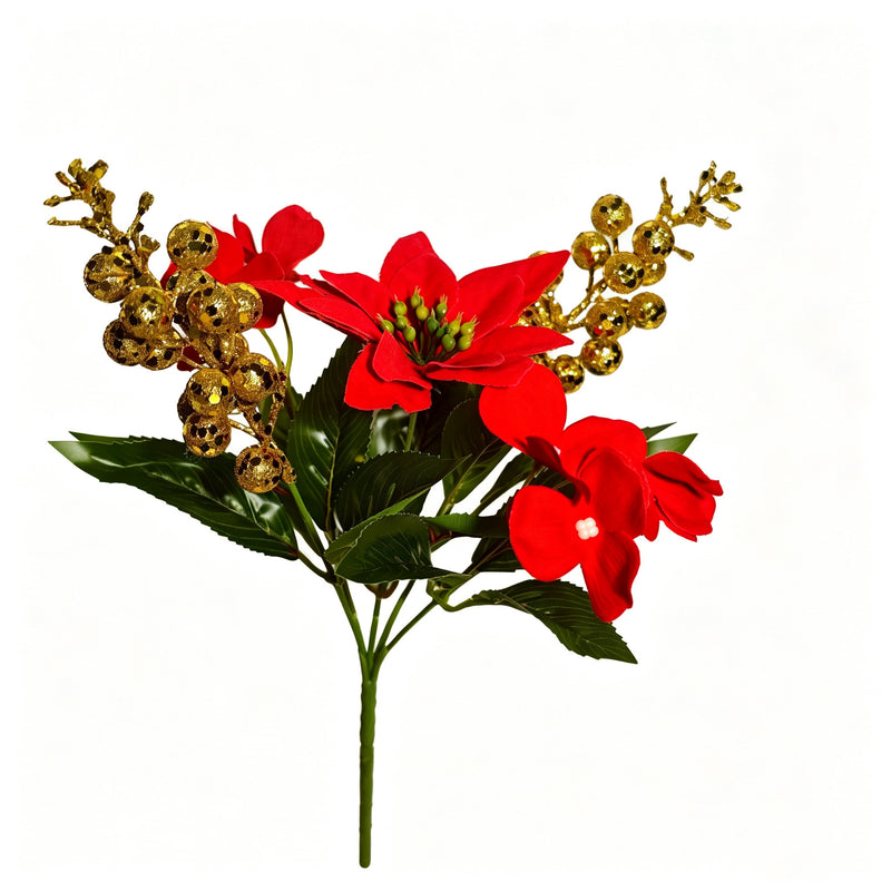 10" Poinsettia Bush with 5 Blooms, Christmas Faux Flowers for Holiday Decor, Silk-Like Fabric