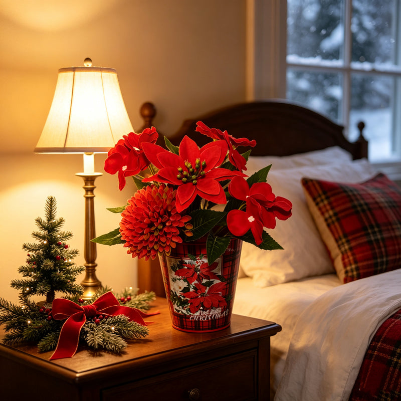 10" Poinsettia Bush with 5 Blooms, Christmas Faux Flowers for Holiday Decor, Silk-Like Fabric