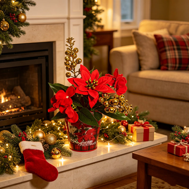 10" Poinsettia Bush with 5 Blooms, Christmas Faux Flowers for Holiday Decor, Silk-Like Fabric