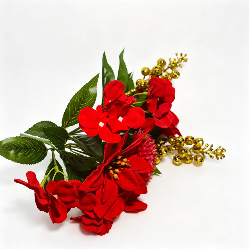 10" Poinsettia Bush with 5 Blooms, Christmas Faux Flowers for Holiday Decor, Silk-Like Fabric