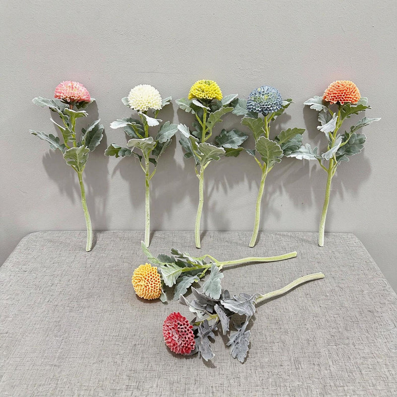 Single Stem Artificial Ping Pong Chrysanthemum Flower, Faux Floral Decor for Weddings, Home, Office, 14.5 Inches