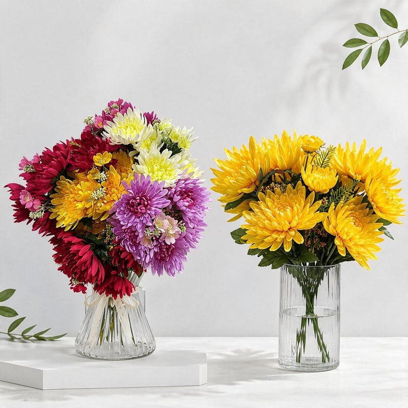 20" Silk-Like Fabric Chrysanthemum Bush, Artificial Flower Arrangement for Home Decor, Weddings, and Events