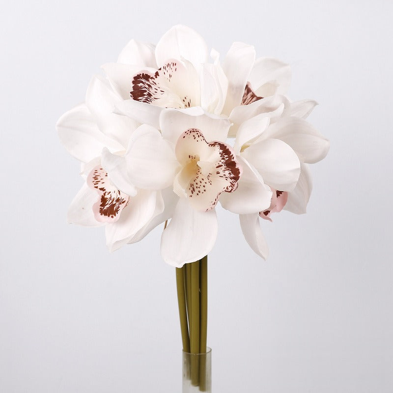 Artificial Cymbidium Orchid Bouquet, 6 Flower Heads, Real-Touch Latex, Wedding & Home Decor