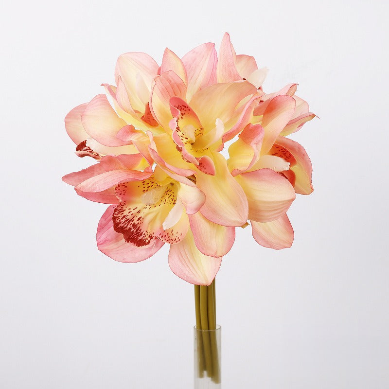 Artificial Cymbidium Orchid Bouquet, 6 Flower Heads, Real-Touch Latex, Wedding & Home Decor