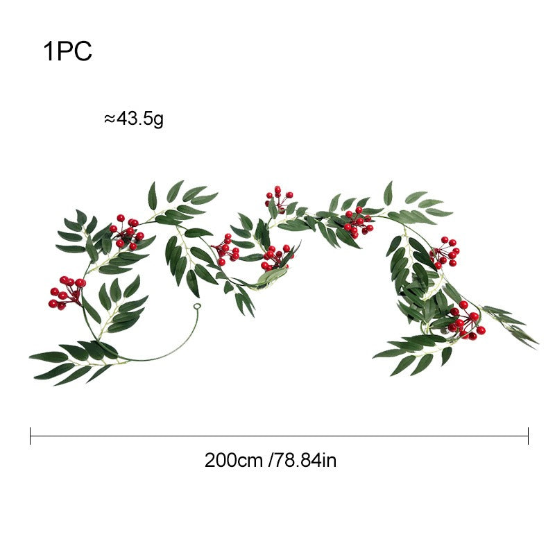 Artificial Willow Leaf Vine with Red Berries, Set of 2 Garlands, Christmas Door Hanging Decor, Home & Display