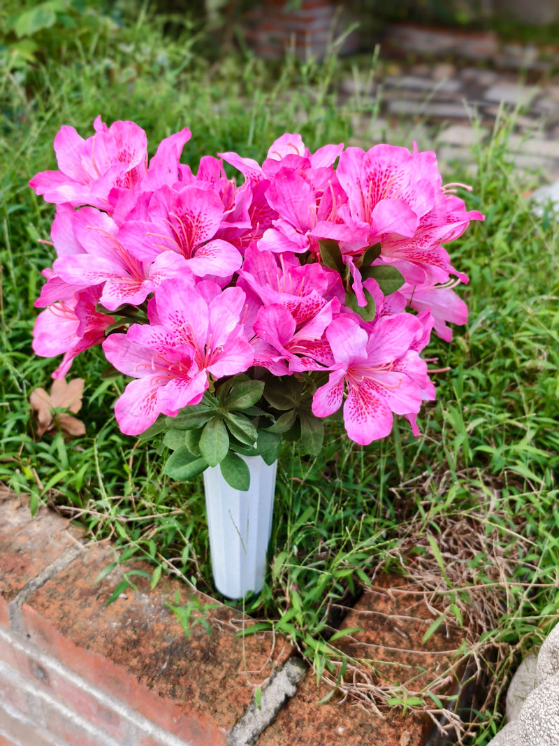 Artificial Azalea Bush with 42 Blooms, Faux Silk Cemetery Flowers with Pot, Memorial & Grave Decoration