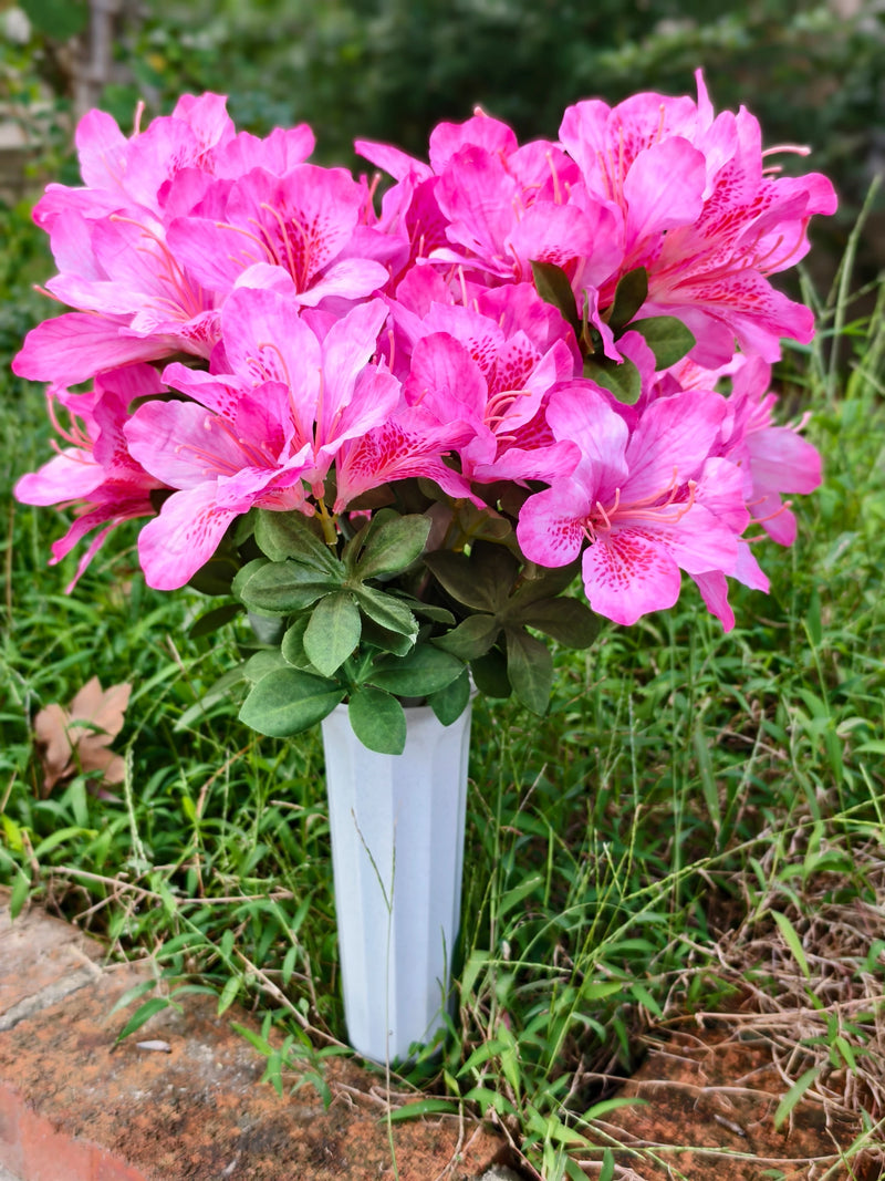 Artificial Azalea Bush with 42 Blooms, Faux Silk Cemetery Flowers with Pot, Memorial & Grave Decoration