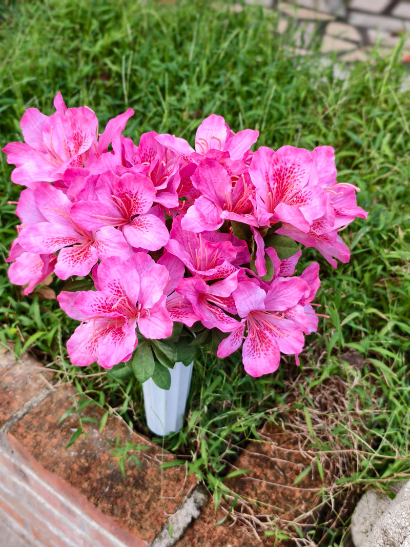 Artificial Azalea Bush with 42 Blooms, Faux Silk Cemetery Flowers with Pot, Memorial & Grave Decoration