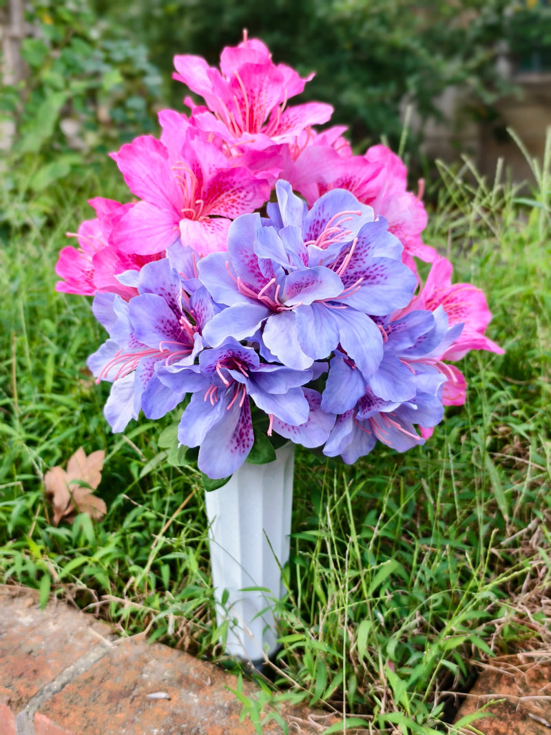 Artificial Azalea Bush with 42 Blooms, Faux Silk Cemetery Flowers with Pot, Memorial & Grave Decoration