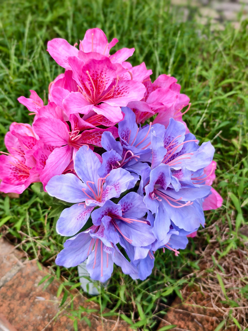 Artificial Azalea Bush with 42 Blooms, Faux Silk Cemetery Flowers with Pot, Memorial & Grave Decoration