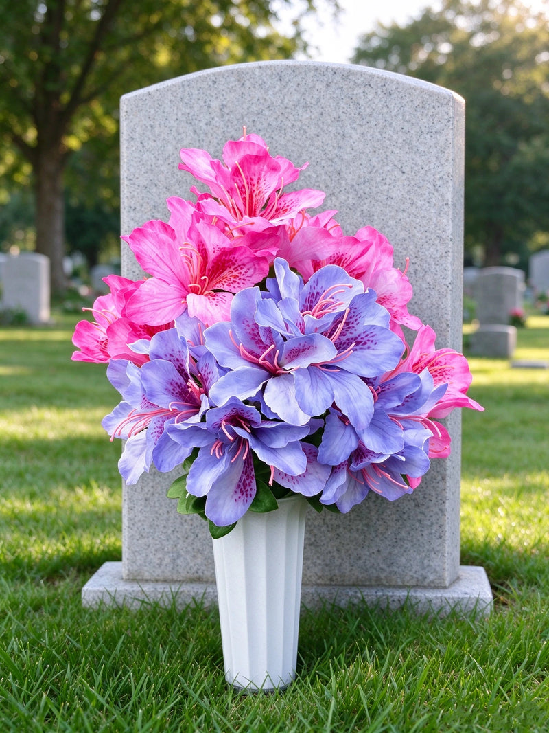 Artificial Azalea Bush with 42 Blooms, Faux Silk Cemetery Flowers with Pot, Memorial & Grave Decoration