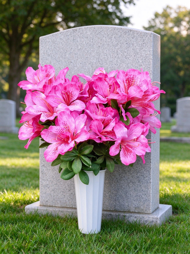 Artificial Azalea Bush with 42 Blooms, Faux Silk Cemetery Flowers with Pot, Memorial & Grave Decoration