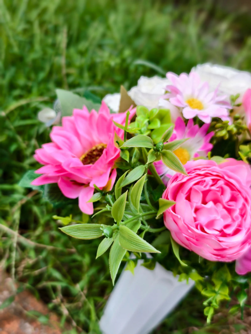 Artificial Peony, Sunflower & Eucalyptus Bush with 15 Blooms, Cemetery Flowers with Pot, Memorial & Outdoor Use