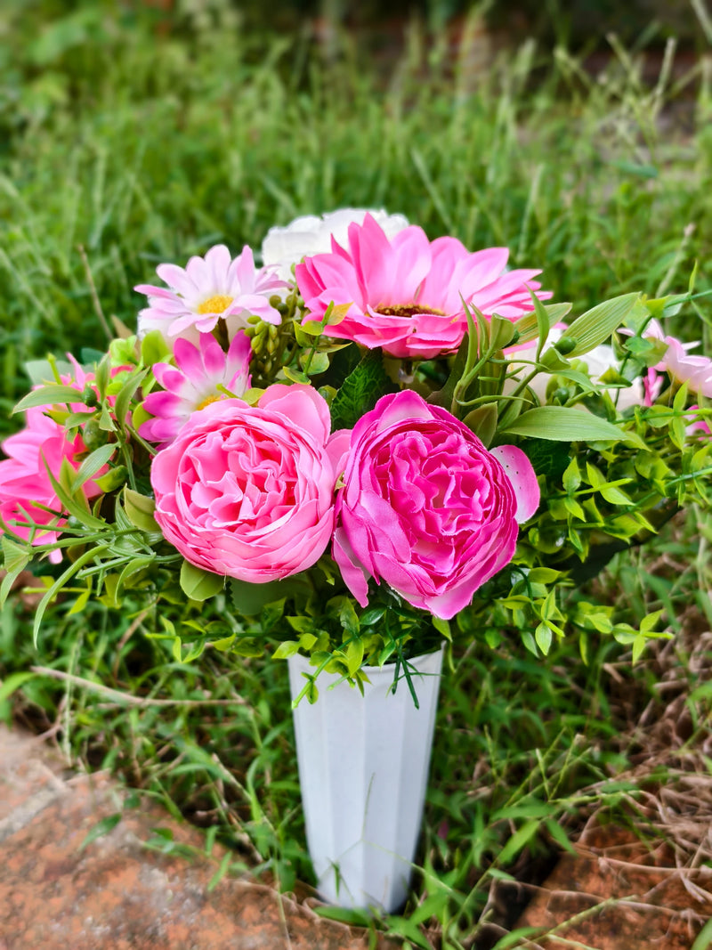 Artificial Peony, Sunflower & Eucalyptus Bush with 15 Blooms, Cemetery Flowers with Pot, Memorial & Outdoor Use