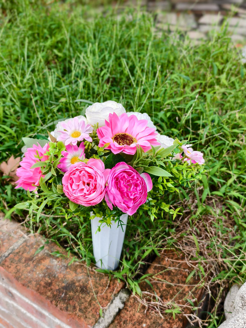 Artificial Peony, Sunflower & Eucalyptus Bush with 15 Blooms, Cemetery Flowers with Pot, Memorial & Outdoor Use
