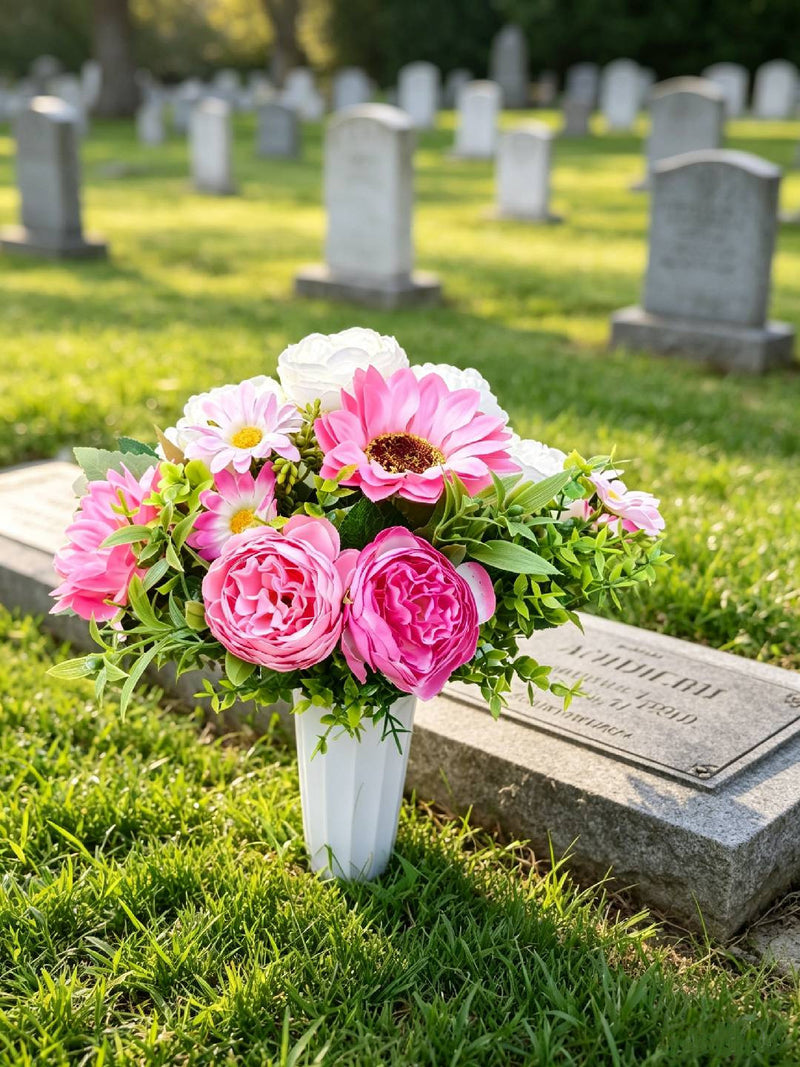 Artificial Peony, Sunflower & Eucalyptus Bush with 15 Blooms, Cemetery Flowers with Pot, Memorial & Outdoor Use
