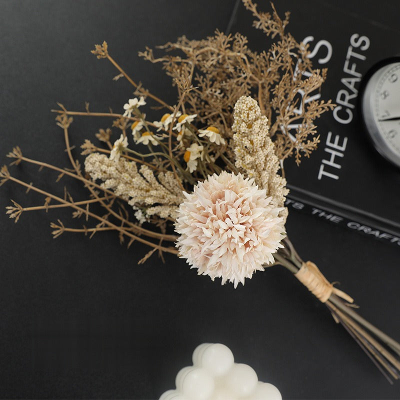 Artificial Dandelion & Wheat Ear Bouquet, Faux Floral Stems with Wheat and Billy Ball Accents, Wedding & Home Decor
