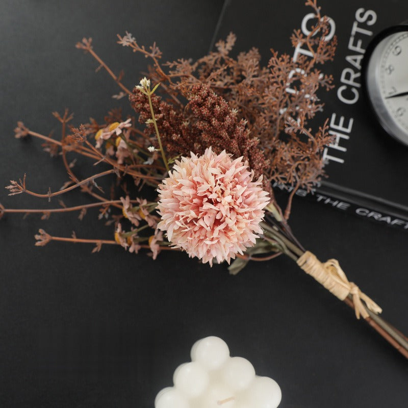 Artificial Dandelion & Wheat Ear Bouquet, Faux Floral Stems with Wheat and Billy Ball Accents, Wedding & Home Decor
