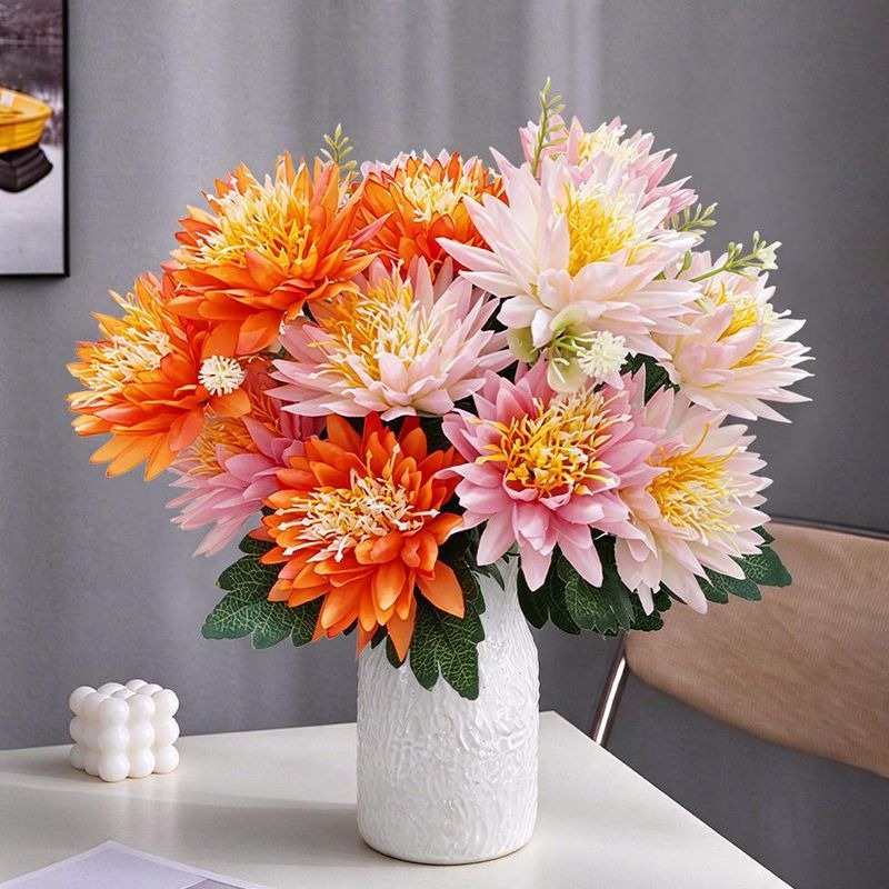 Artificial Chrysanthemum Bush with 5 Blooms, Faux Silk Fabric, Multi-Color Flowers for Home, Wedding & Window Display
