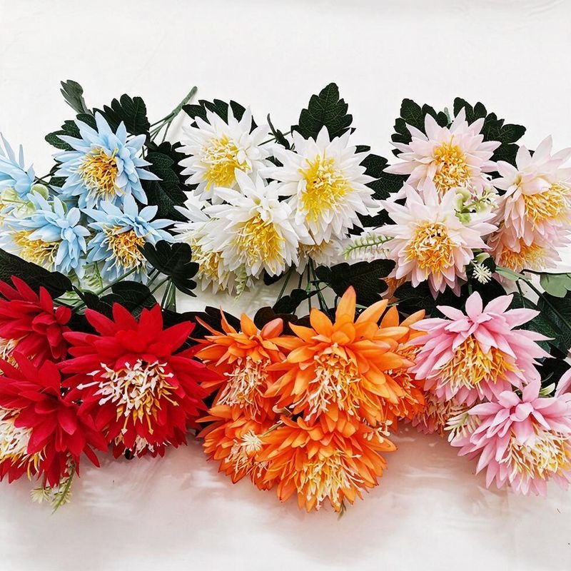 Artificial Chrysanthemum Bush with 5 Blooms, Faux Silk Fabric, Multi-Color Flowers for Home, Wedding & Window Display