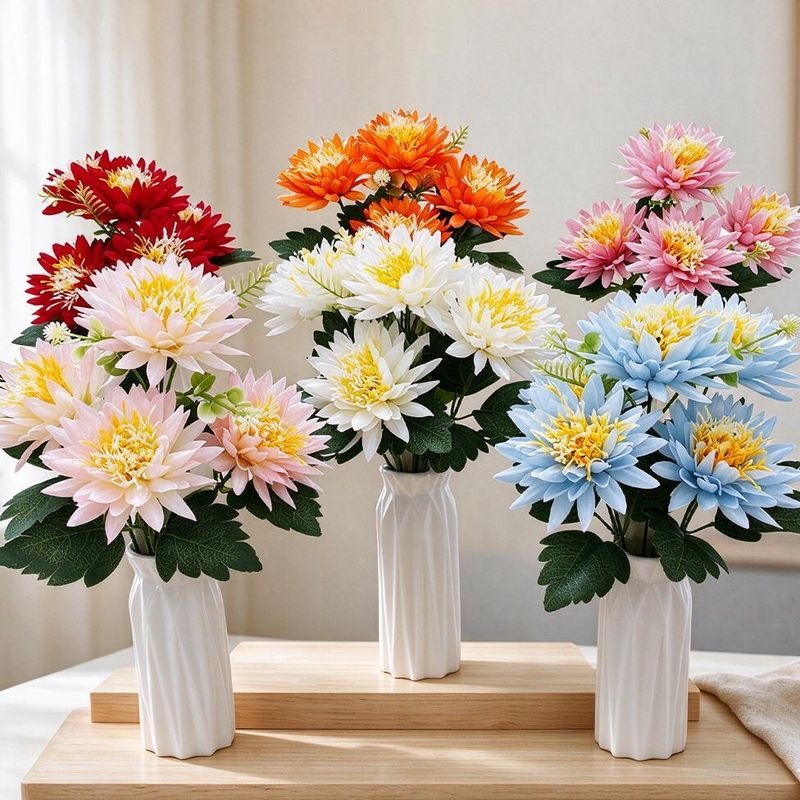 Artificial Chrysanthemum Bush with 5 Blooms, Faux Silk Fabric, Multi-Color Flowers for Home, Wedding & Window Display