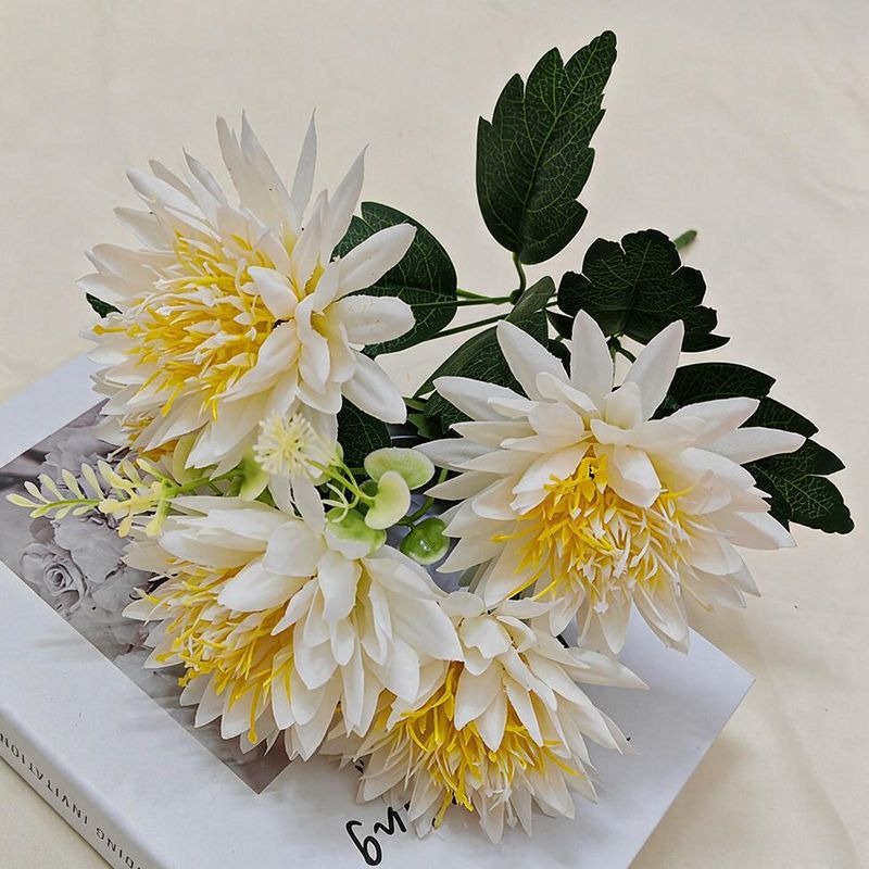Artificial Chrysanthemum Bush with 5 Blooms, Faux Silk Fabric, Multi-Color Flowers for Home, Wedding & Window Display