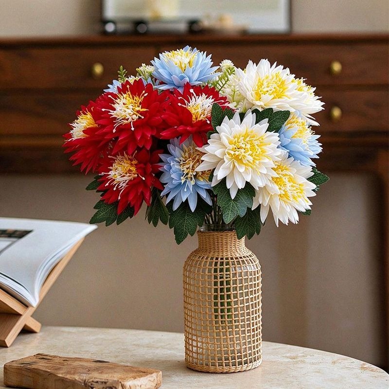Artificial Chrysanthemum Bush with 5 Blooms, Faux Silk Fabric, Multi-Color Flowers for Home, Wedding & Window Display